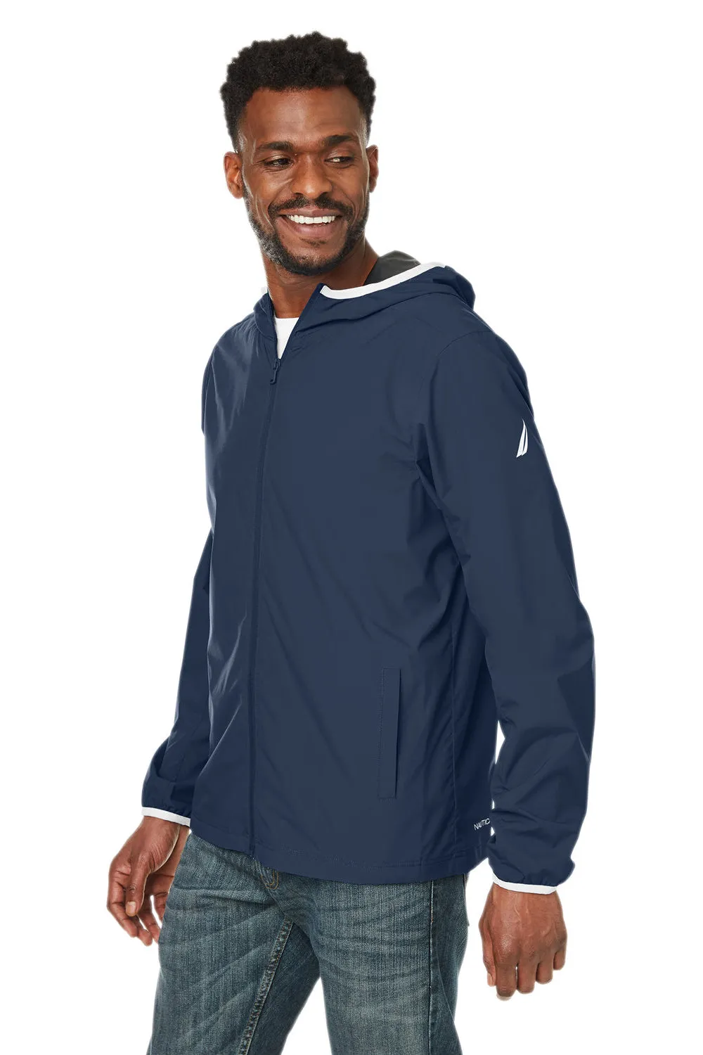Nautica Mens Stillwater Water Resistant Full Zip Hooded Windbreaker Jacket - Navy Blue  BEST on sale Clothing Nautica