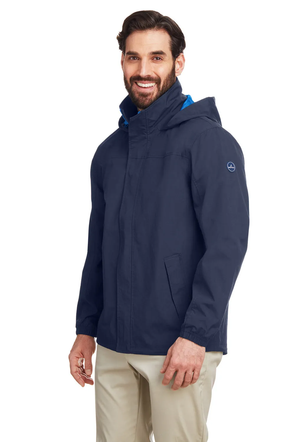 Nautica Mens Voyage Water Resistant Full Zip Hooded Jacket - Navy Blue
