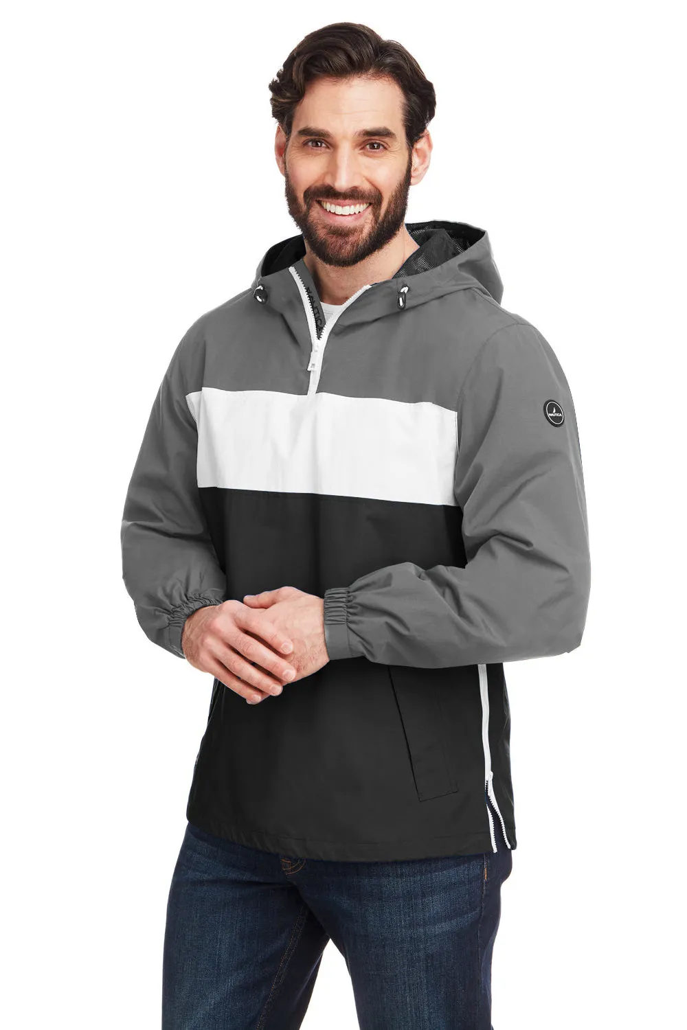 Nautica Mens Windward Wind & Water Resistant 1/4 Zip Hooded Jacket - Graphite Grey/Black  BEST on sale Clothing Nautica