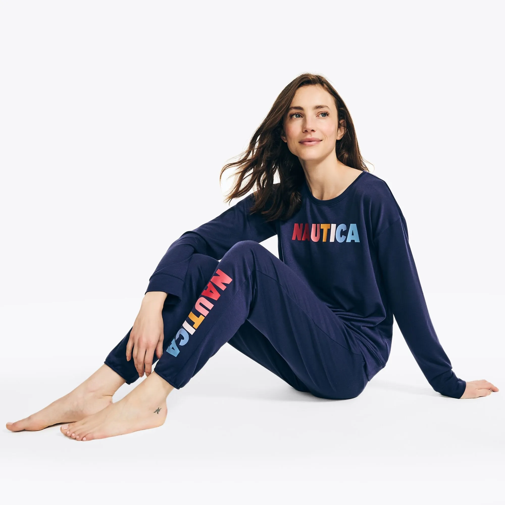 Nautica Women's Long-Sleeve Pajama Pant Set Tugboat Blue Nautica