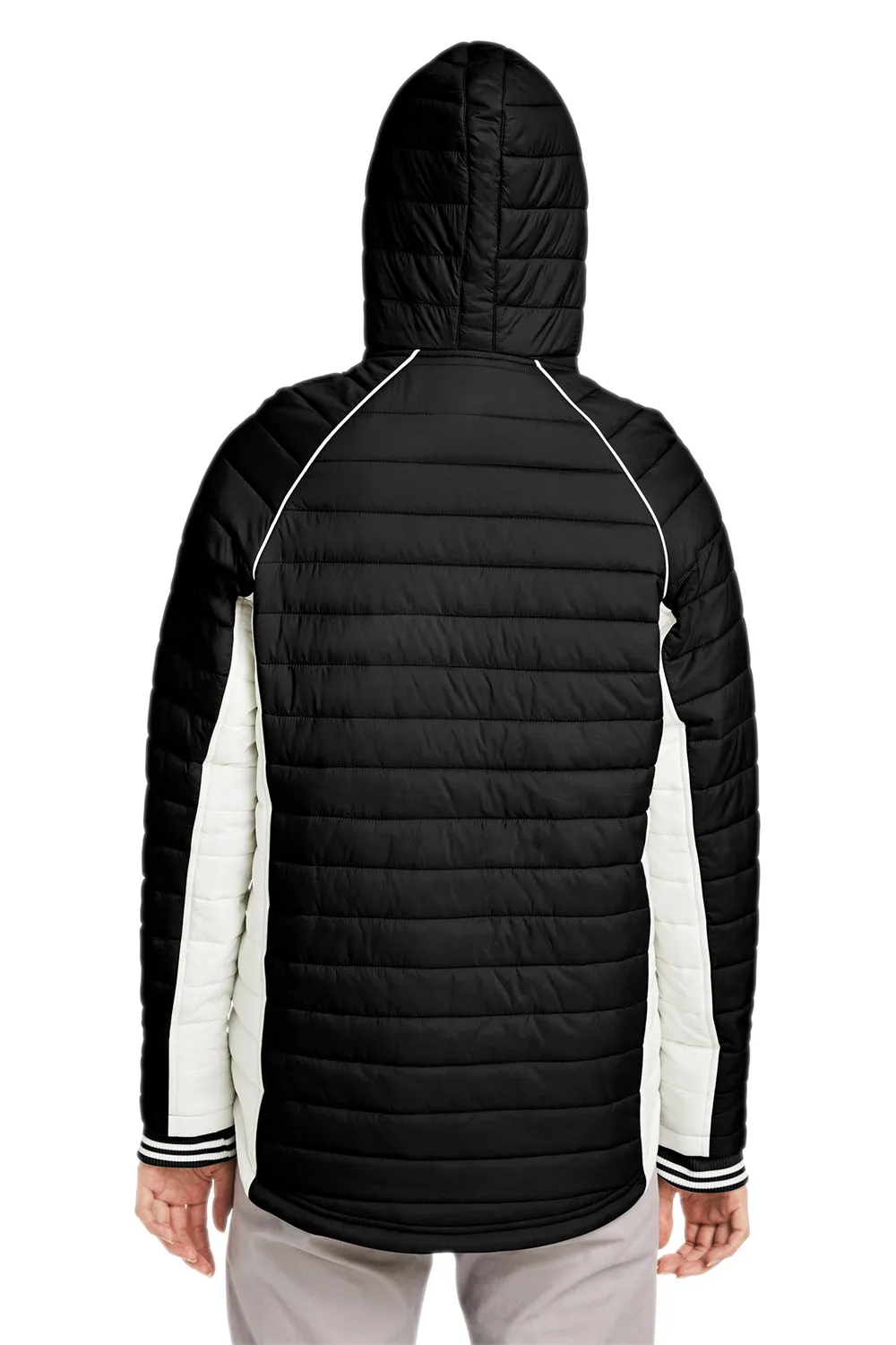 Nautica Womens Nautical Mile Wind & Water Resistant Packable Full Zip Hooded Puffer Jacket - Black/Antique White