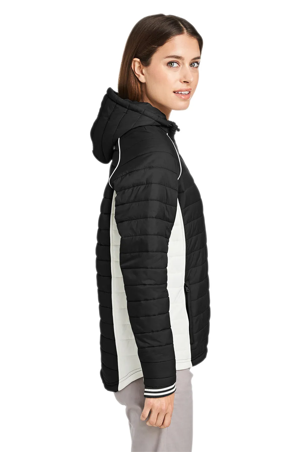 Nautica Womens Nautical Mile Wind & Water Resistant Packable Full Zip Hooded Puffer Jacket - Black/Antique White