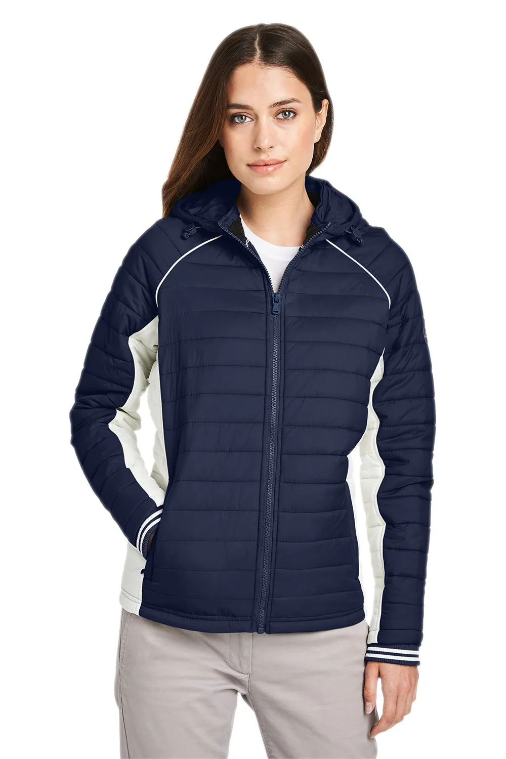 Nautica Womens Nautical Mile Wind & Water Resistant Packable Full Zip Hooded Puffer Jacket - Night Navy Blue/Antique White  BEST on sale Clothing Nautica