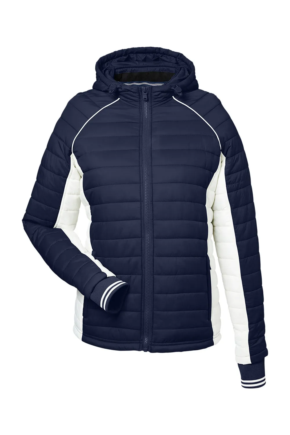 Nautica Womens Nautical Mile Wind & Water Resistant Packable Full Zip Hooded Puffer Jacket - Night Navy Blue/Antique White  BEST on sale Clothing Nautica