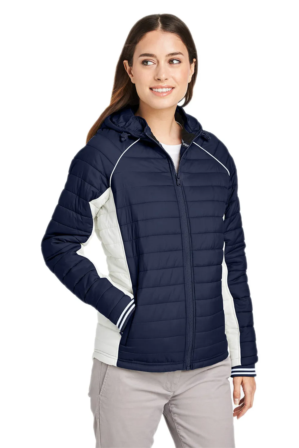 Nautica Womens Nautical Mile Wind & Water Resistant Packable Full Zip Hooded Puffer Jacket - Night Navy Blue/Antique White  BEST on sale Clothing Nautica