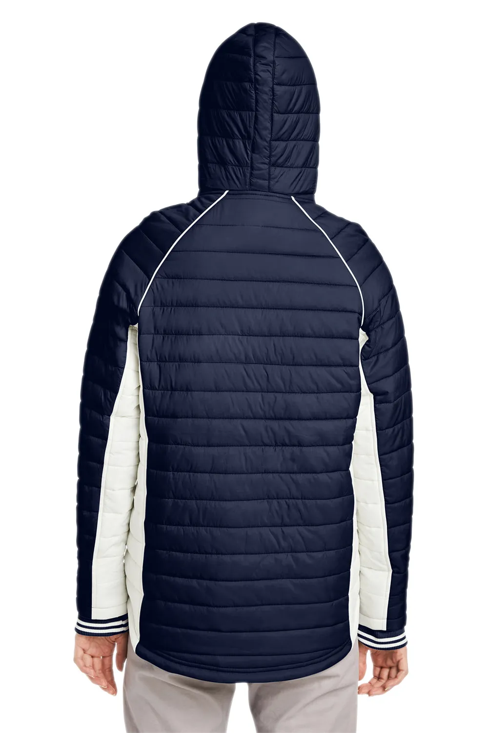 Nautica Womens Nautical Mile Wind & Water Resistant Packable Full Zip Hooded Puffer Jacket - Night Navy Blue/Antique White  BEST on sale Clothing Nautica