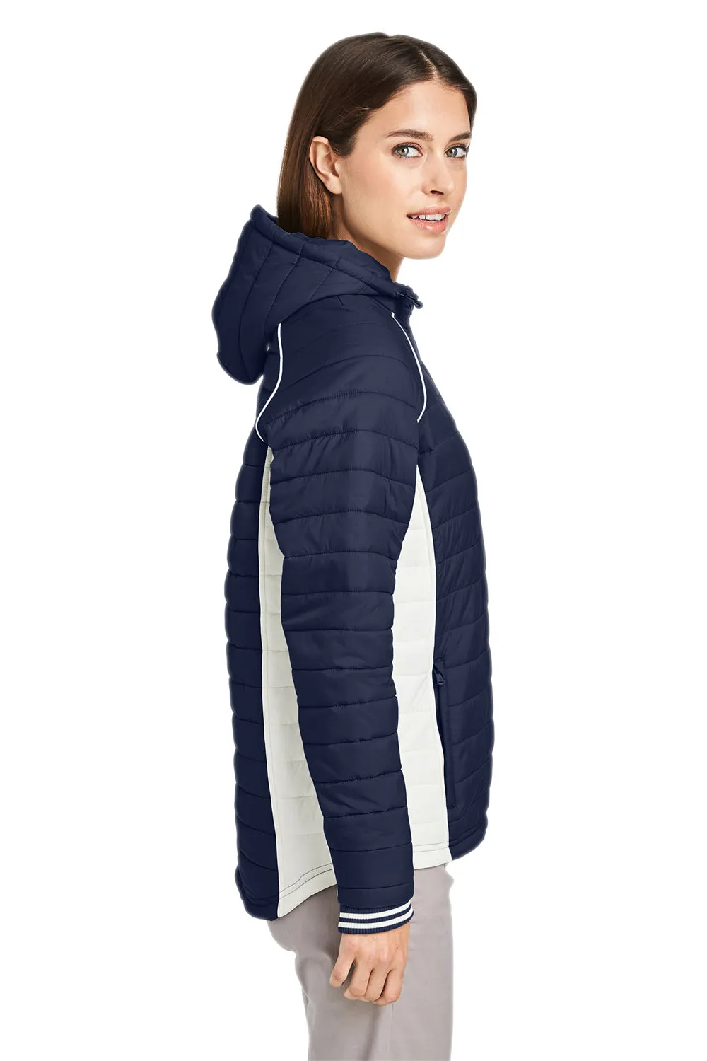 Nautica Womens Nautical Mile Wind & Water Resistant Packable Full Zip Hooded Puffer Jacket - Night Navy Blue/Antique White  BEST on sale Clothing Nautica