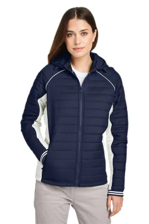 Nautica Womens Nautical Mile Wind & Water Resistant Packable Full Zip Hooded Puffer Jacket - Night Navy Blue/Antique White  BEST on sale Clothing Nautica