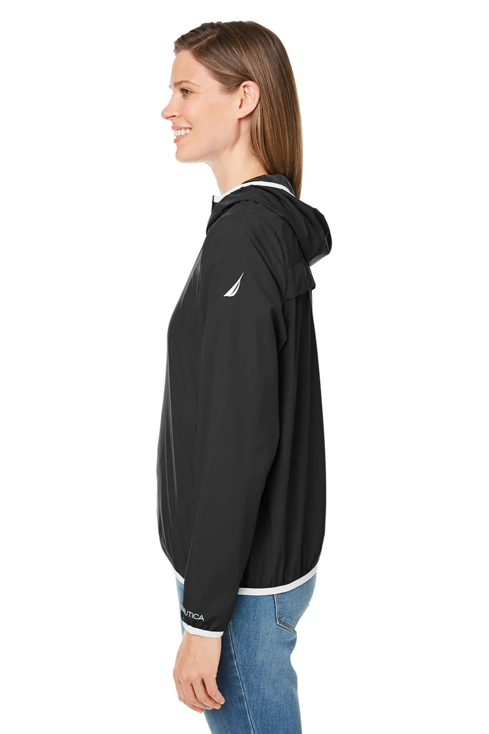 Nautica Womens Stillwater Water Resistant Full Zip Hooded Windbreaker Jacket - Black  BEST on sale Clothing Nautica