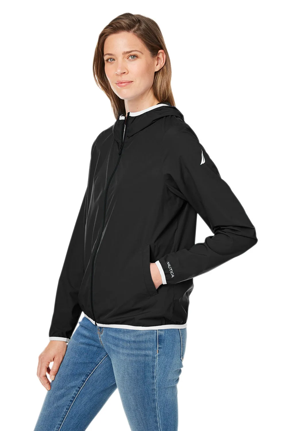 Nautica Womens Stillwater Water Resistant Full Zip Hooded Windbreaker Jacket - Black  BEST on sale Clothing Nautica