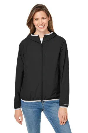 Nautica Womens Stillwater Water Resistant Full Zip Hooded Windbreaker Jacket - Black  BEST on sale Clothing Nautica