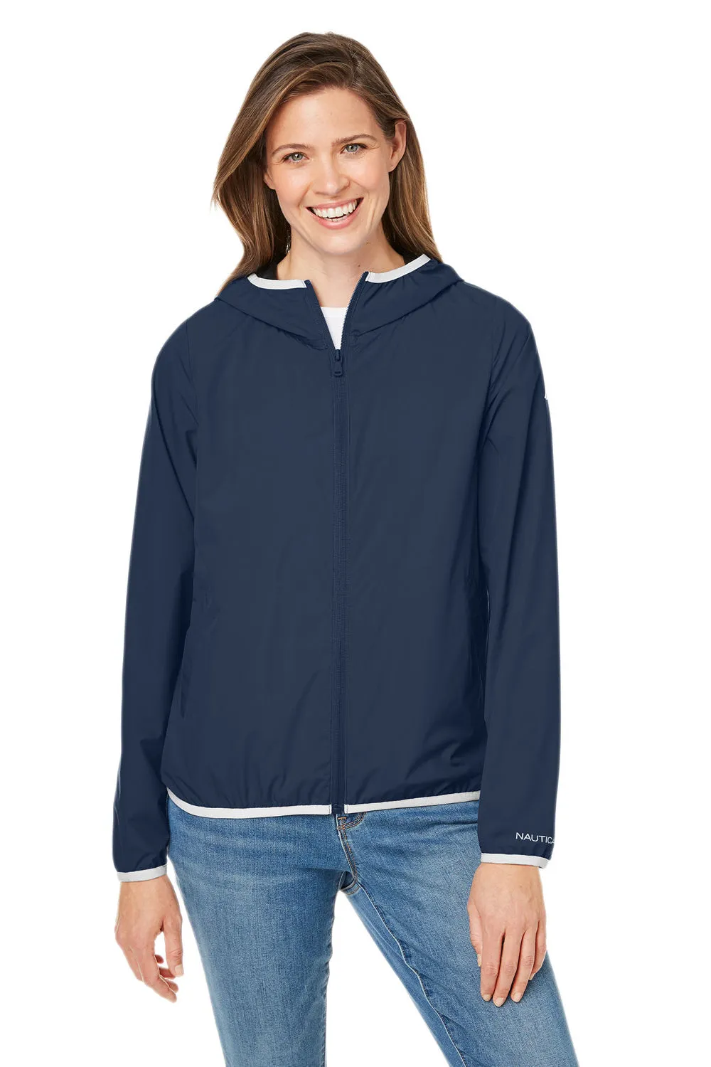 Nautica Womens Stillwater Water Resistant Full Zip Hooded Windbreaker Jacket - Navy Blue  BEST on sale Clothing Nautica