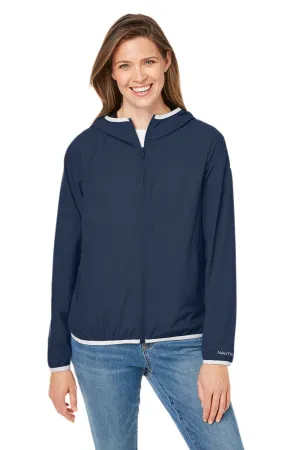 Nautica Womens Stillwater Water Resistant Full Zip Hooded Windbreaker Jacket - Navy Blue  BEST on sale Clothing Nautica