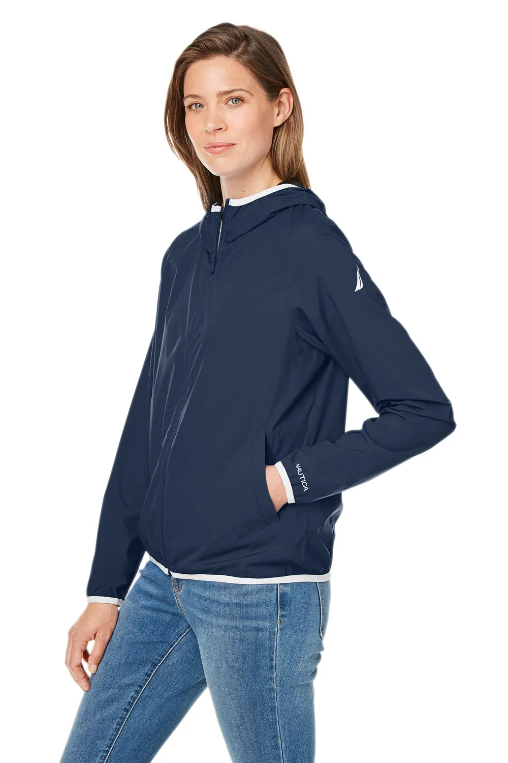 Nautica Womens Stillwater Water Resistant Full Zip Hooded Windbreaker Jacket - Navy Blue  BEST on sale Clothing Nautica