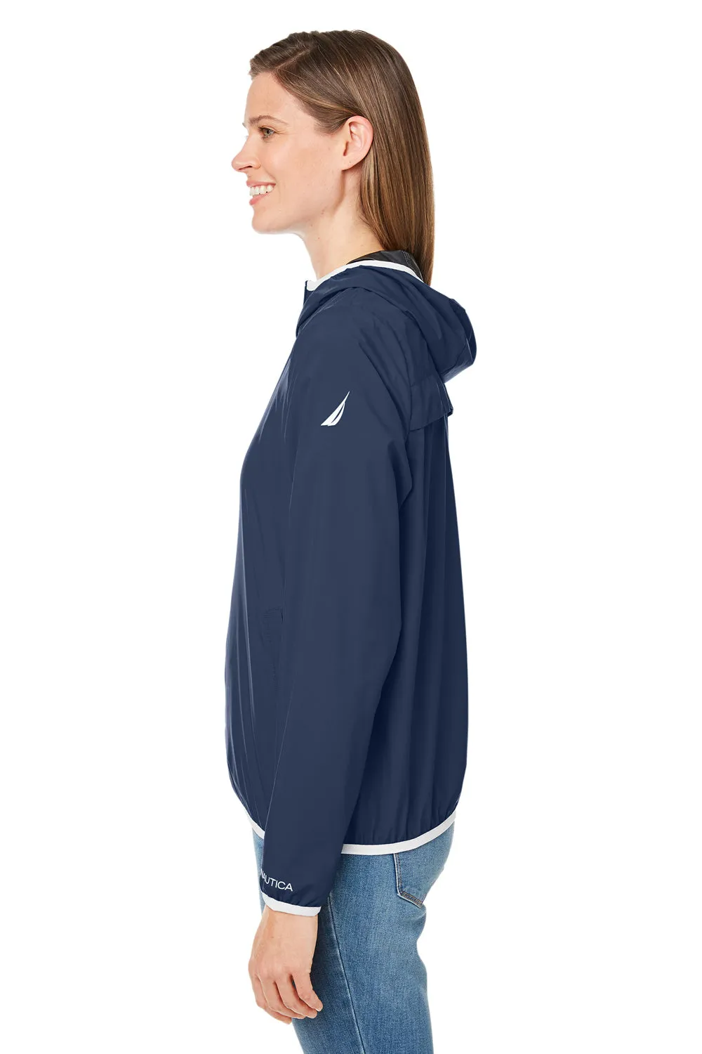 Nautica Womens Stillwater Water Resistant Full Zip Hooded Windbreaker Jacket - Navy Blue  BEST on sale Clothing Nautica