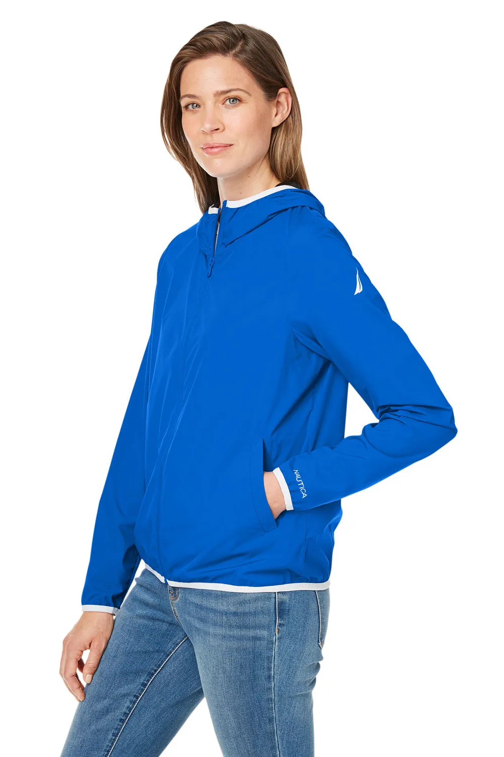 Nautica Womens Stillwater Water Resistant Full Zip Hooded Windbreaker Jacket - Royal Blue  BEST on sale Clothing Nautica