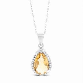 Pear Citrine And Zirconia Pendanton Chain in Sterling Silver