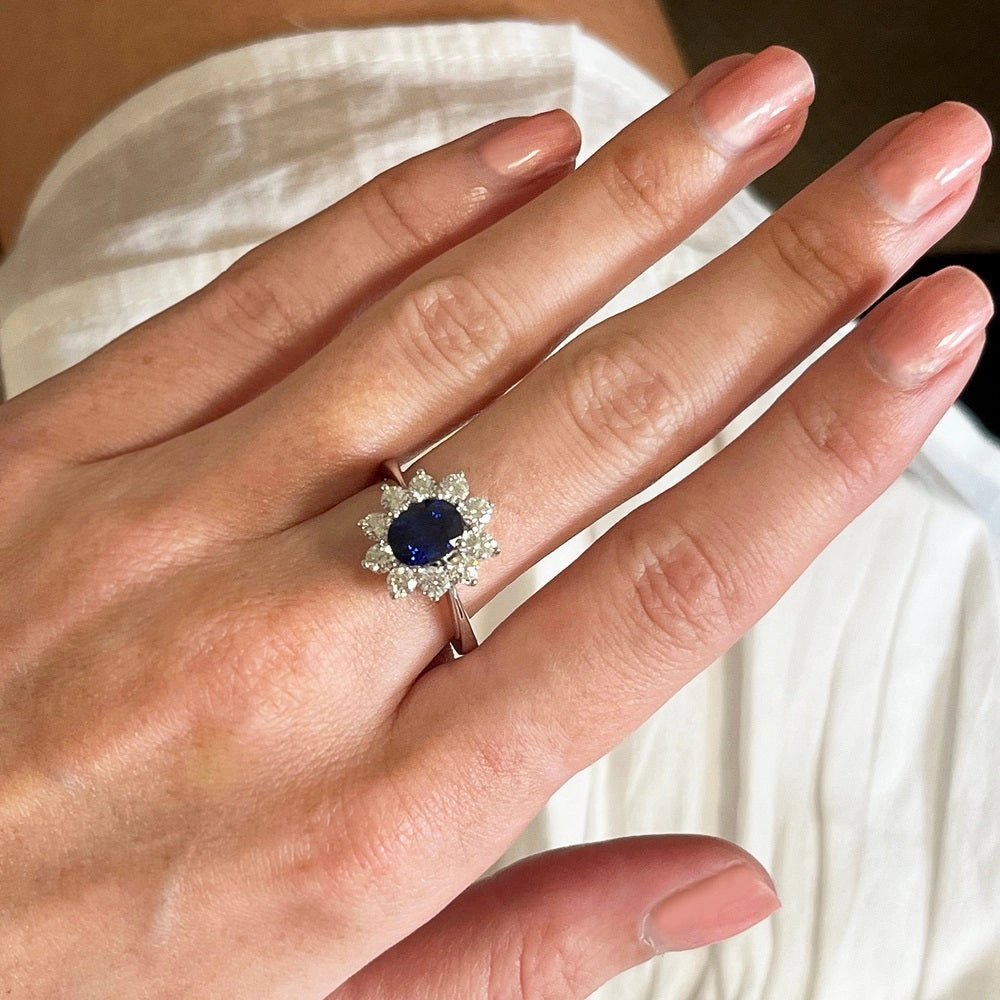 Pre Owned 18ct White Gold 1.20cts Sapphire & 0.96cts Diamond Cluster Ring