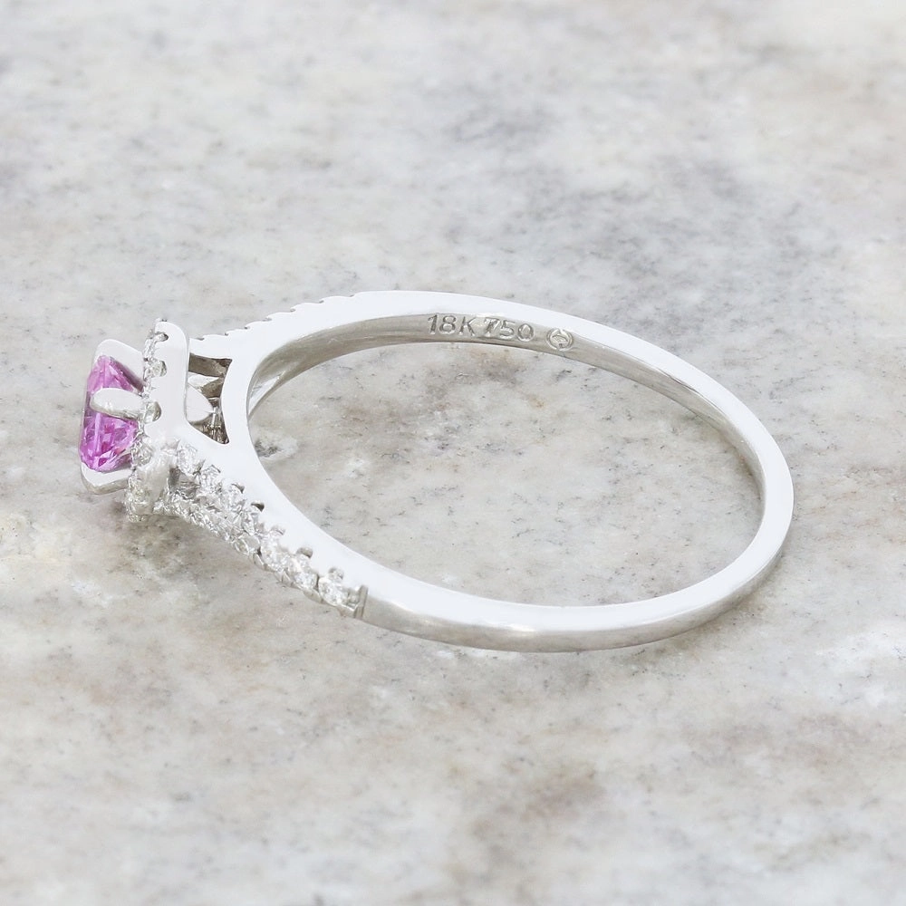 Pre Owned 18ct White Gold Pink Sapphire and Diamond Halo Cluster Ring