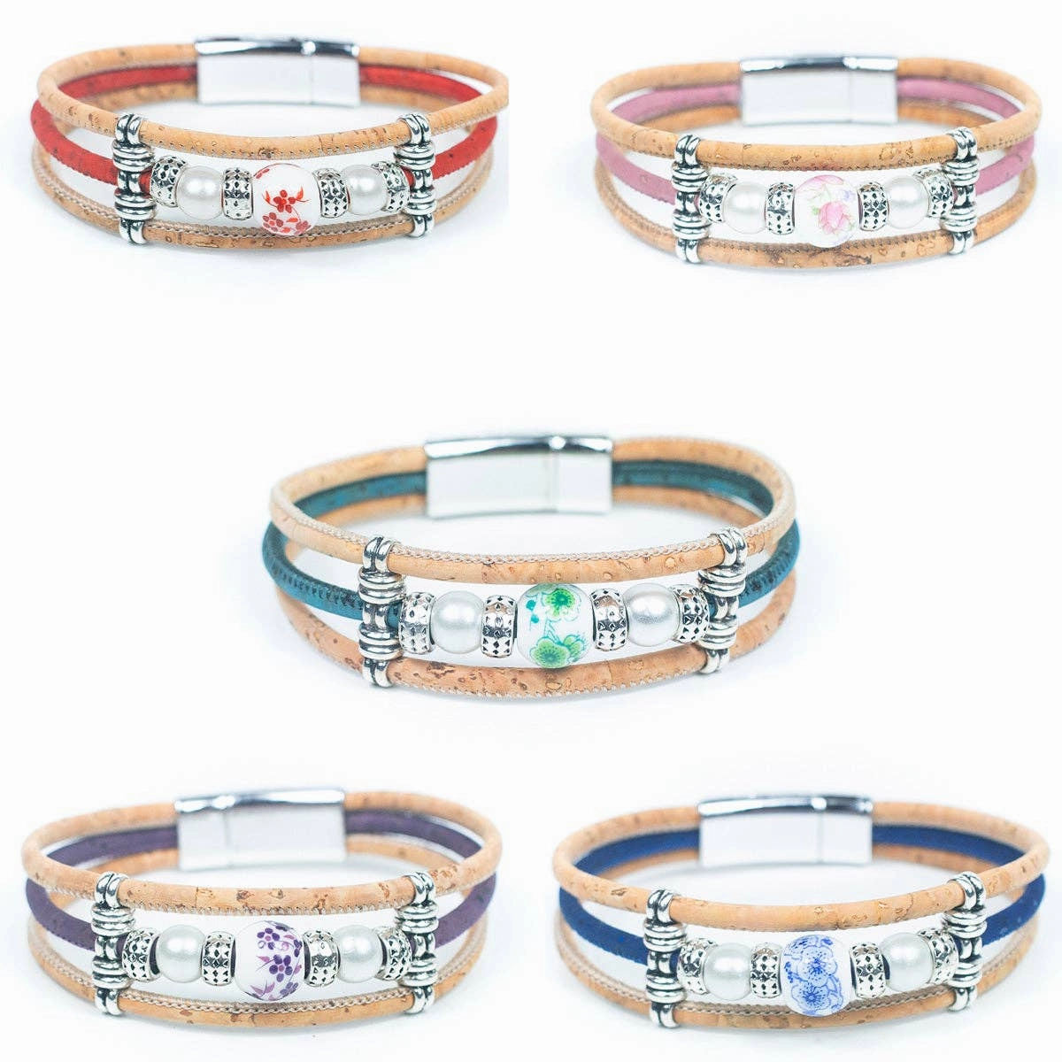 Printed porcelain beads with Cork Bracelet  DBR-041-MIX-5