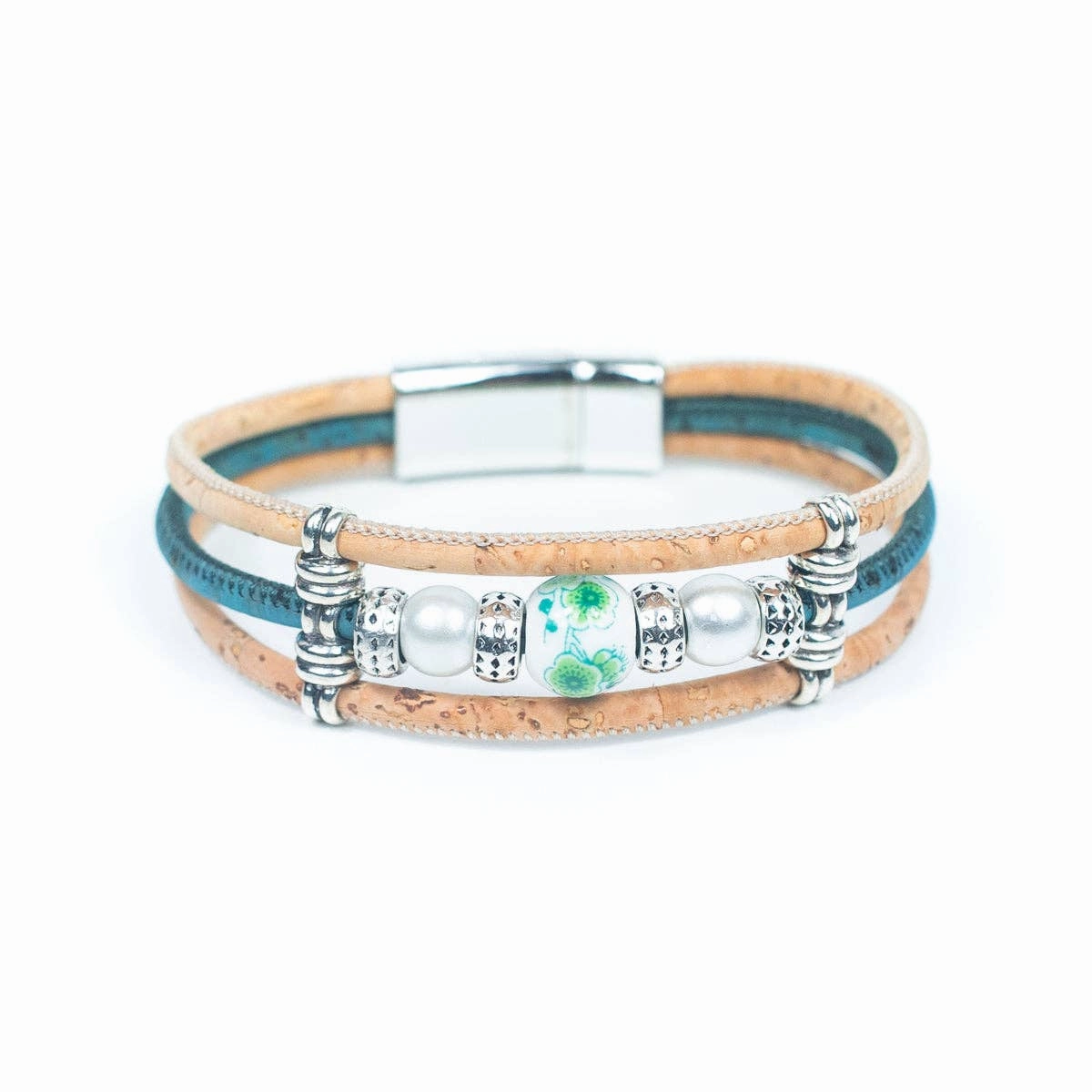 Printed porcelain beads with Cork Bracelet  DBR-041-MIX-5