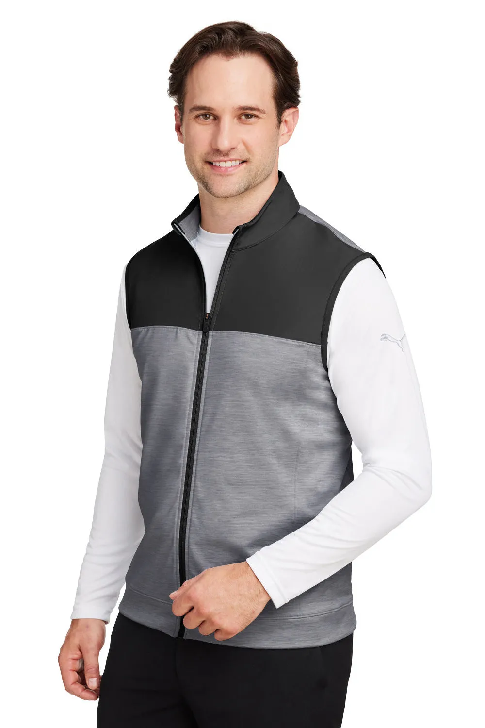 Puma Mens Cloudspun Moisture Wicking Colorblock Full Zip Vest - Black/Quiet Shade Grey  Choose your new Clothing Puma
