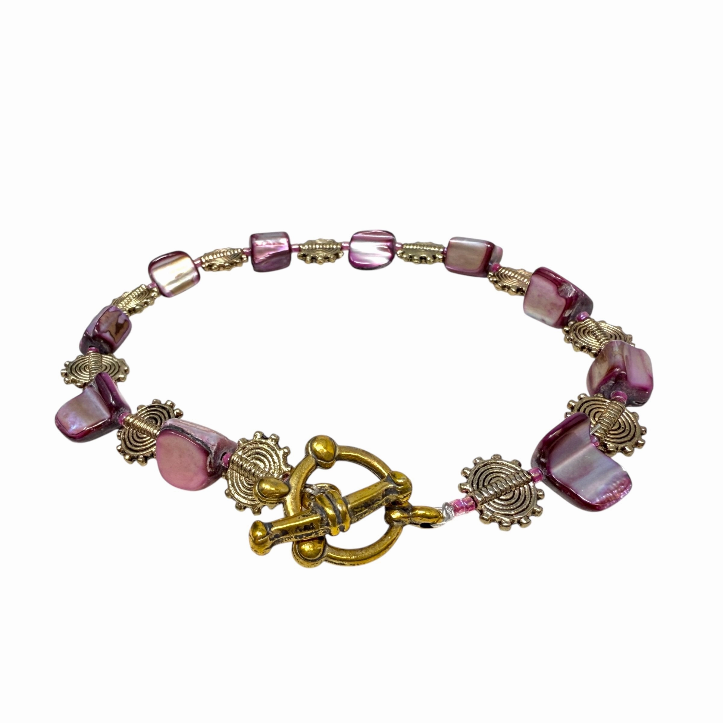 Purple & Silver Tone Beaded Toggle Bracelet By Unbranded