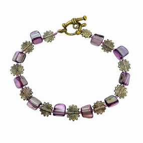 Purple & Silver Tone Beaded Toggle Bracelet By Unbranded