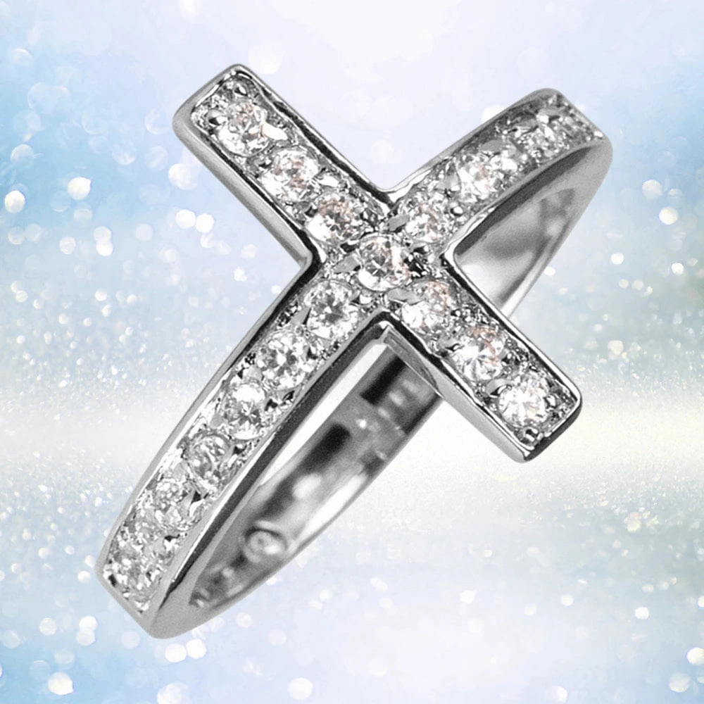 Reclining Cross Rhodium Ring