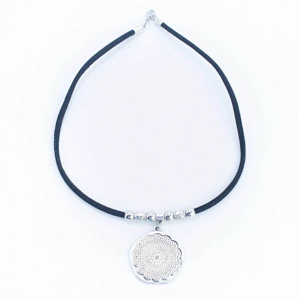 Round flower pendant with Cork Necklace N-005