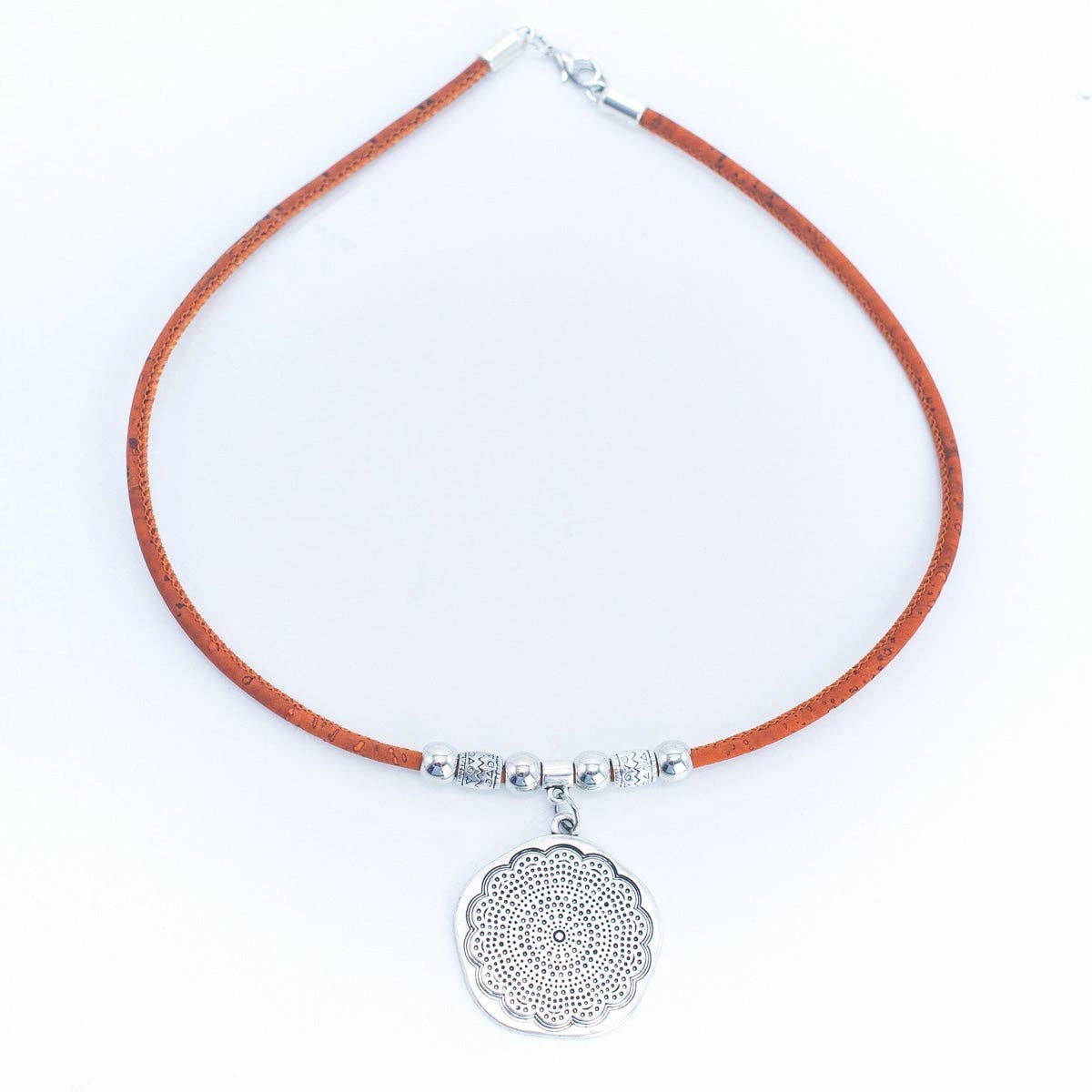 Round flower pendant with Cork Necklace N-005