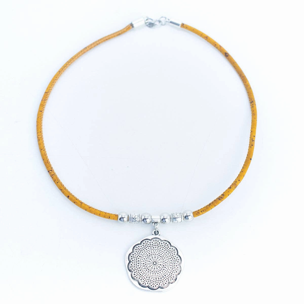 Round flower pendant with Cork Necklace N-005