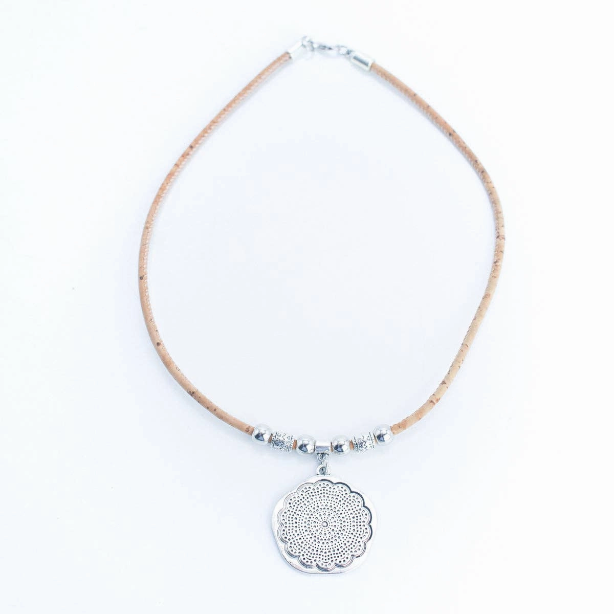 Round flower pendant with Cork Necklace N-005