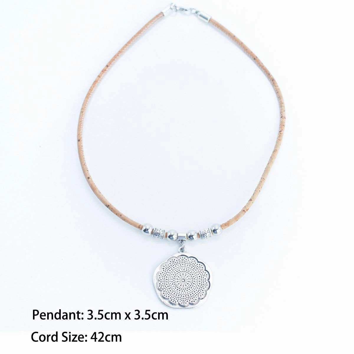 Round flower pendant with Cork Necklace N-005