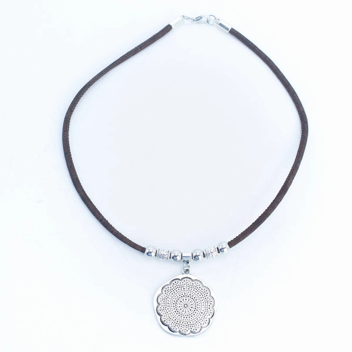 Round flower pendant with Cork Necklace N-005