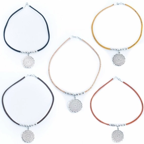 Round flower pendant with Cork Necklace N-005