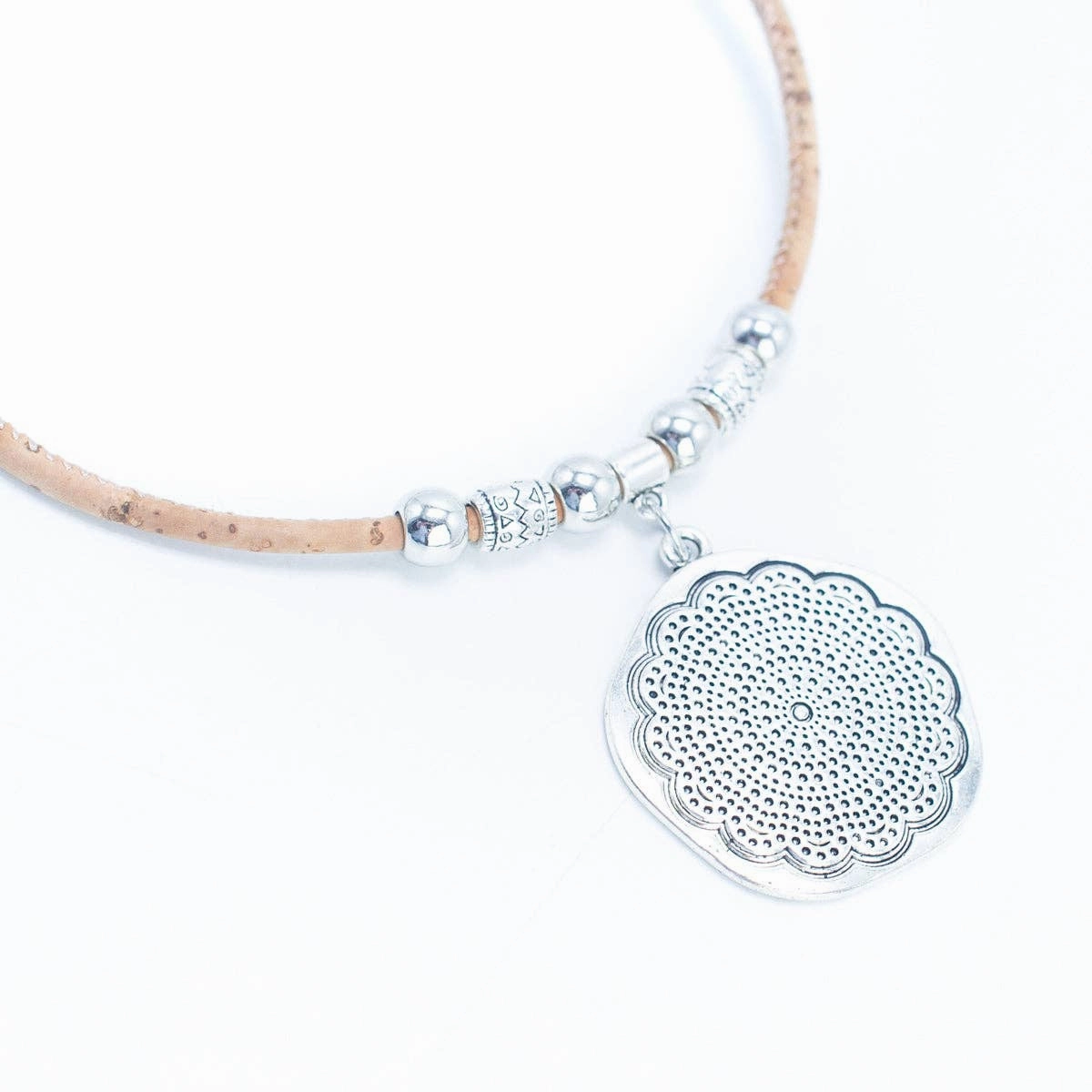 Round flower pendant with Cork Necklace N-005