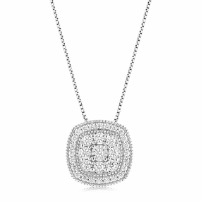 Sterling Silver 0.45 Carat Diamond Cushion Cluster Pendant with Round Brilliant Cut Diamonds on 45cm Chain