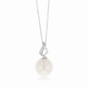Sterling Silver 11-12mm White South Sea and Diamond Pendant on 45cm Chain