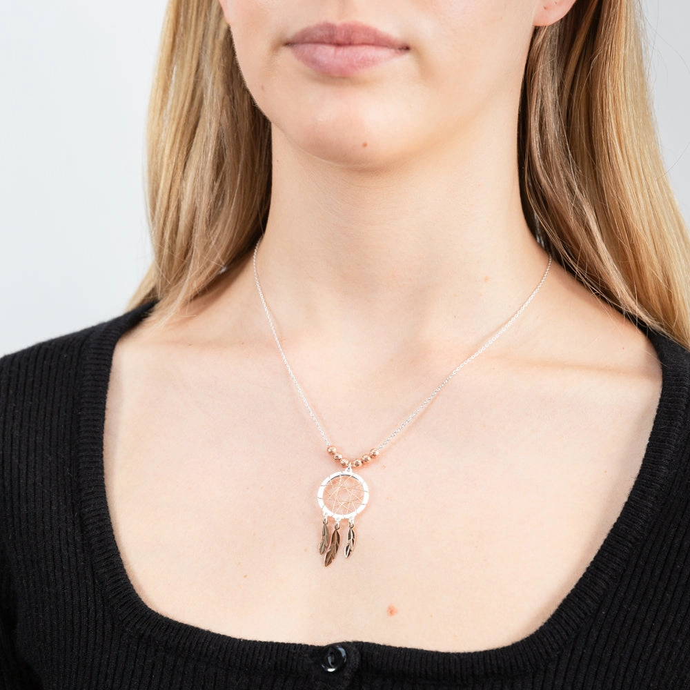 Sterling Silver 2 Tone Dream Catcher Pendant on 45cm chain