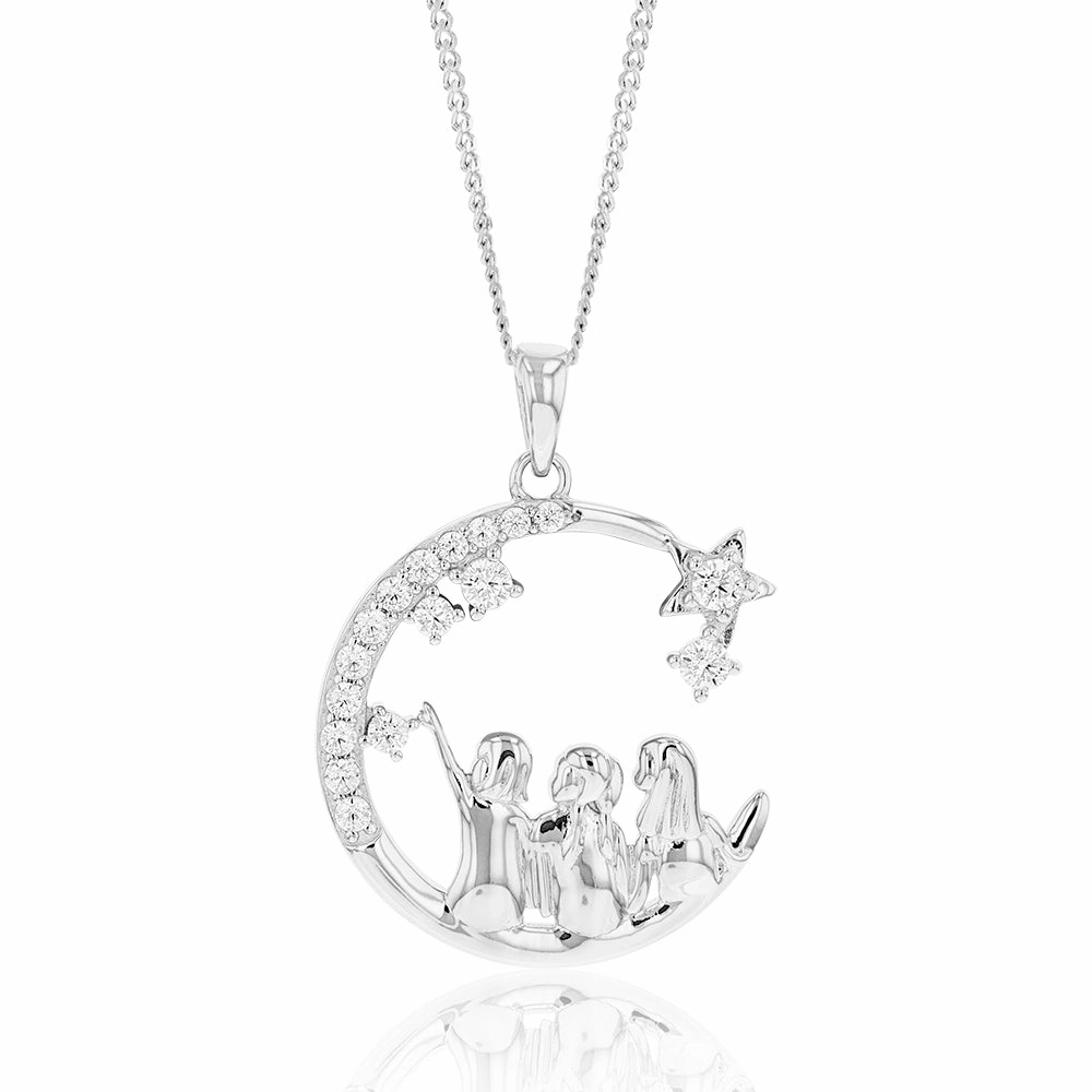 Sterling Silver And Rhodium Cubic Zirconia Half Moon With Three Sisters Pendant