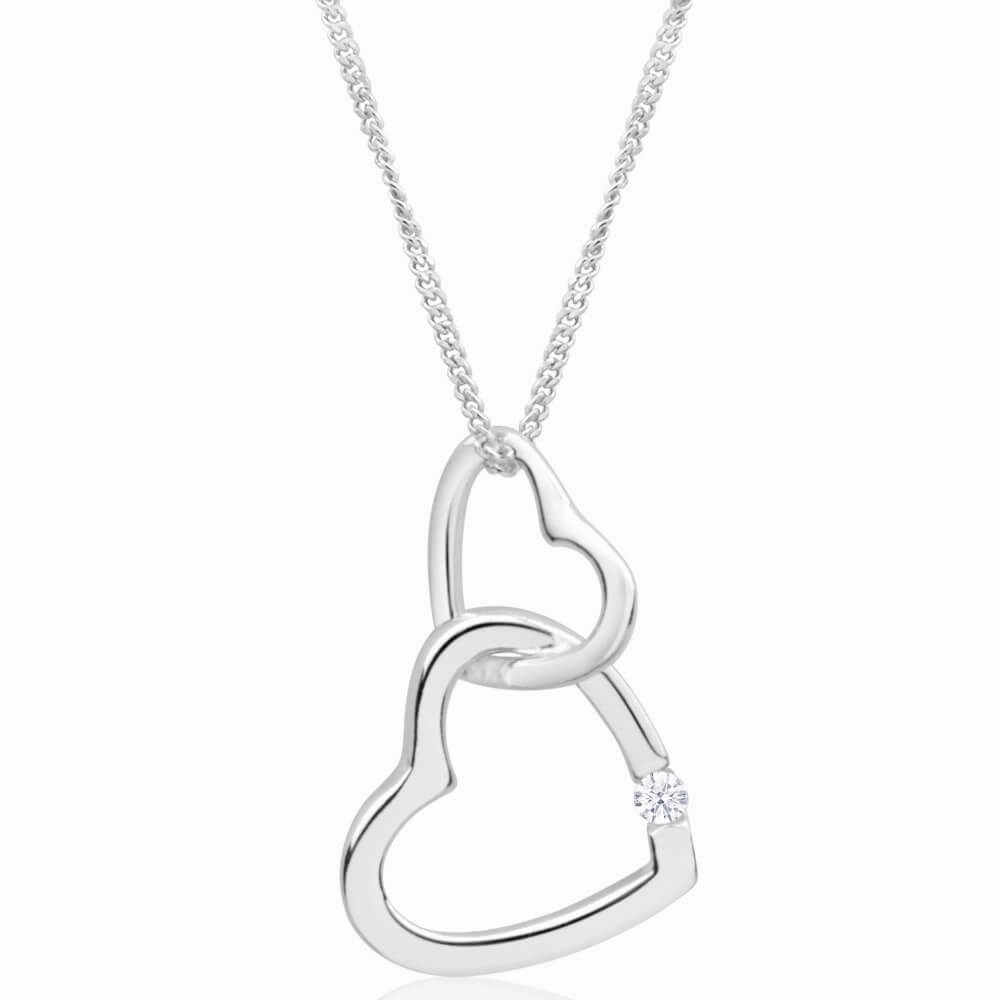 Sterling Silver Cubic Zirconia Double Open Heart Pendant With 45cm Chain