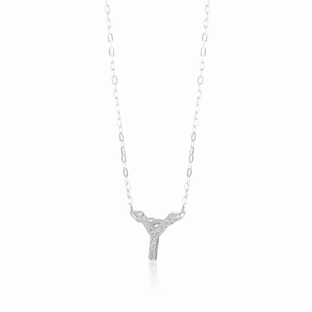 Sterling Silver Cubic Zirconia Inital "Y" Pendant On 39 3cm Chain