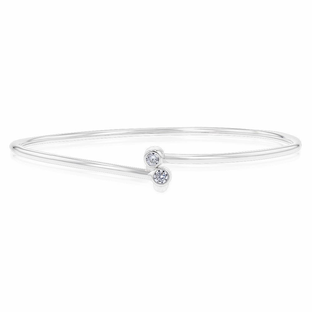 Sterling Silver Cubic Zirconia On Plain Adjustable Bangle
