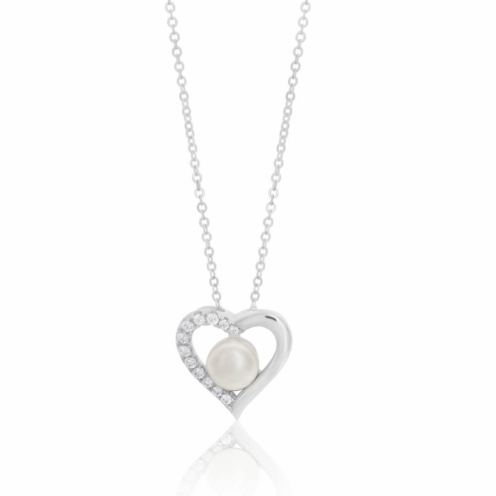 Sterling Silver Freshwater Pearl and Cubic Zirconia Heart Pendant