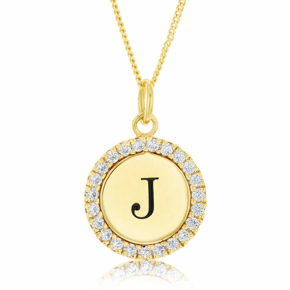 Sterling Silver Gold Plated Round Initial "J" Pendant On 45cm Chain