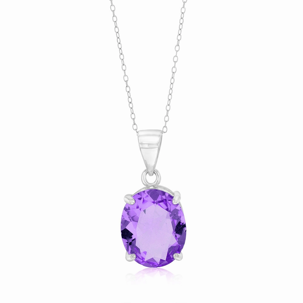 Sterling Silver Oval Created Amethyst Pendant On Chain