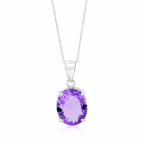 Sterling Silver Oval Created Amethyst Pendant On Chain