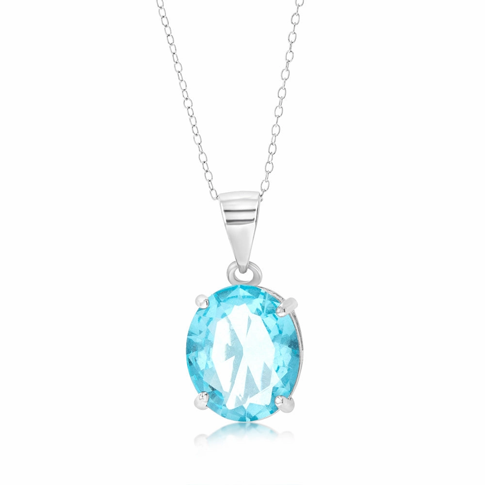 Sterling Silver Oval Created Blue Topaz Pendant On Chain