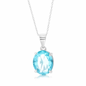 Sterling Silver Oval Created Blue Topaz Pendant On Chain